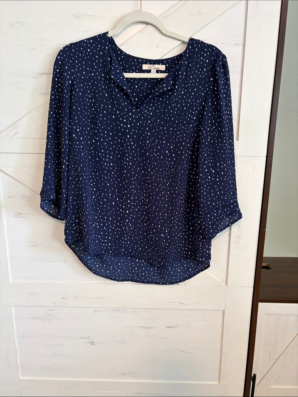 Relaxed Navy V-Neck Polka Dot Blouse